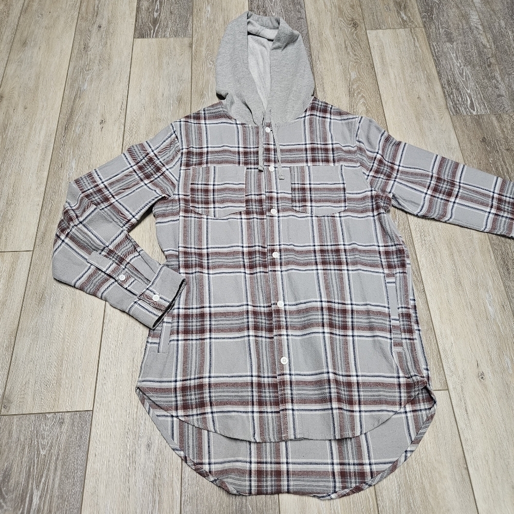 Pacsun Hooded Grey Plaid Button Up Oversize Flannel Shacket Jacket Womens Small - Picture 1 of 13